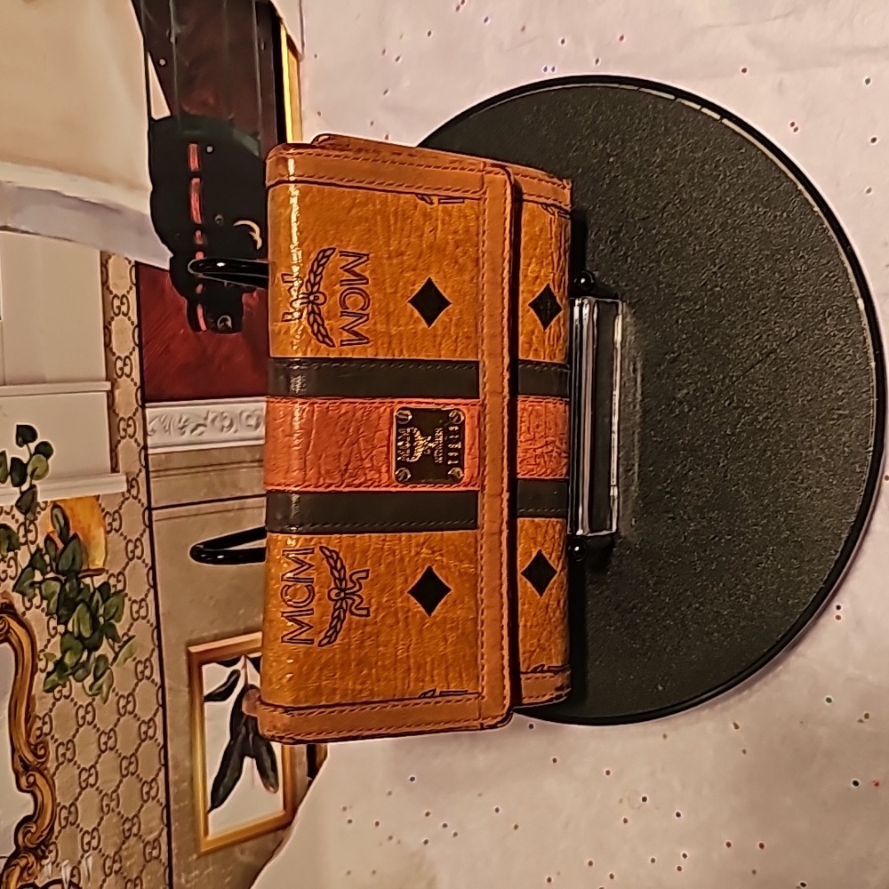 Mcm Visetos Trifold Cognac Leather Wallet